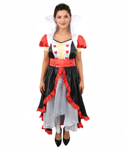 HPO Women’s Flirty Queen of Hearts Costume | Red, Black & White Dress with Crown Headband | Halloween, Cosplay, Stage Performances & Parties