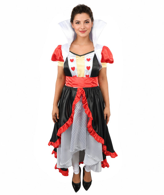 HPO Women’s Flirty Queen of Hearts Costume | Red, Black & White Dress with Crown Headband | Halloween, Cosplay, Stage Performances & Parties