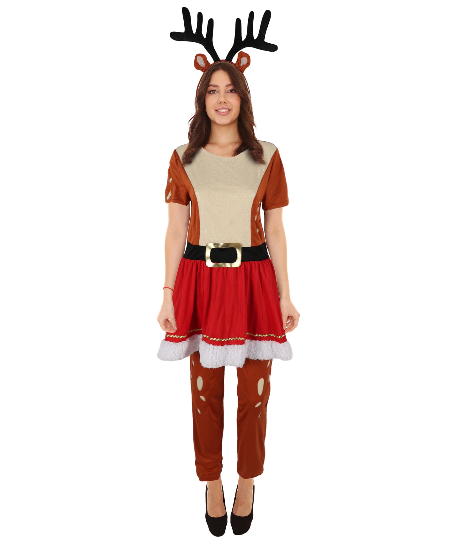 HPO Adult Women's Reindeer Costume | Fun Holiday Outfit with Antlers – Christmas Party
