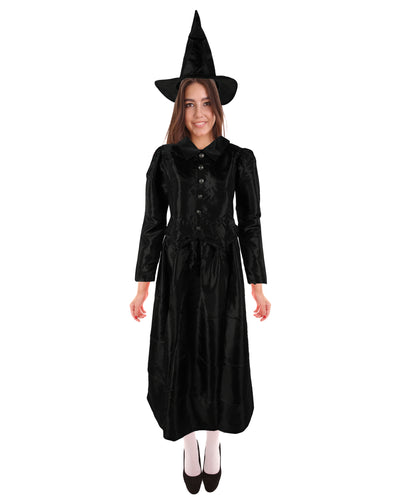 HPO Women’s Scary Black Witch Costume | Long  Dress with Pointed Hat | Ideal for Cosplay, Halloween, Stage, Roleplay & Themed Party Outfit