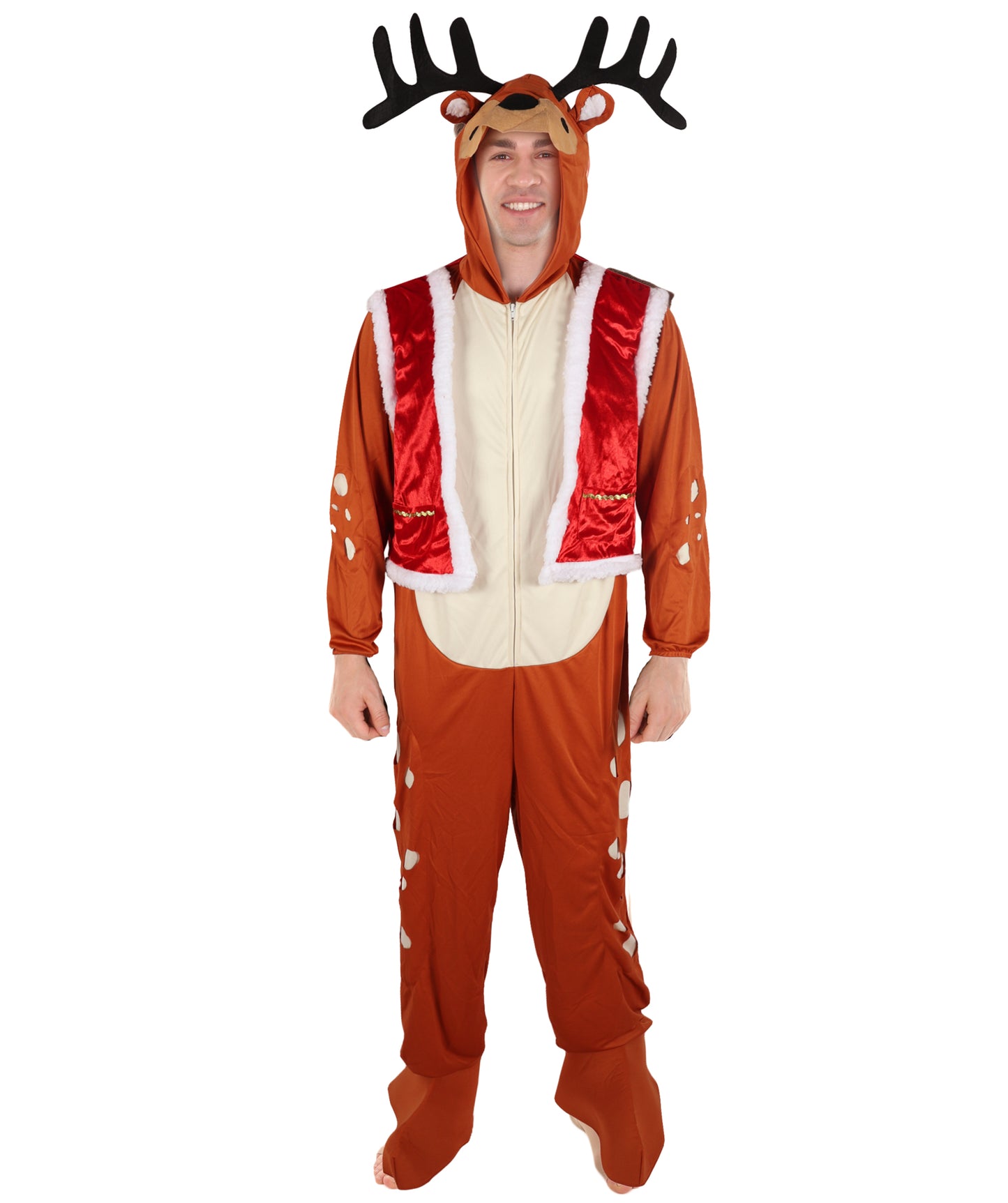 HPO Adult Man's  Reindeer Rider Brown and Red Costume | Holiday Cosplay & Party Fun Outfit