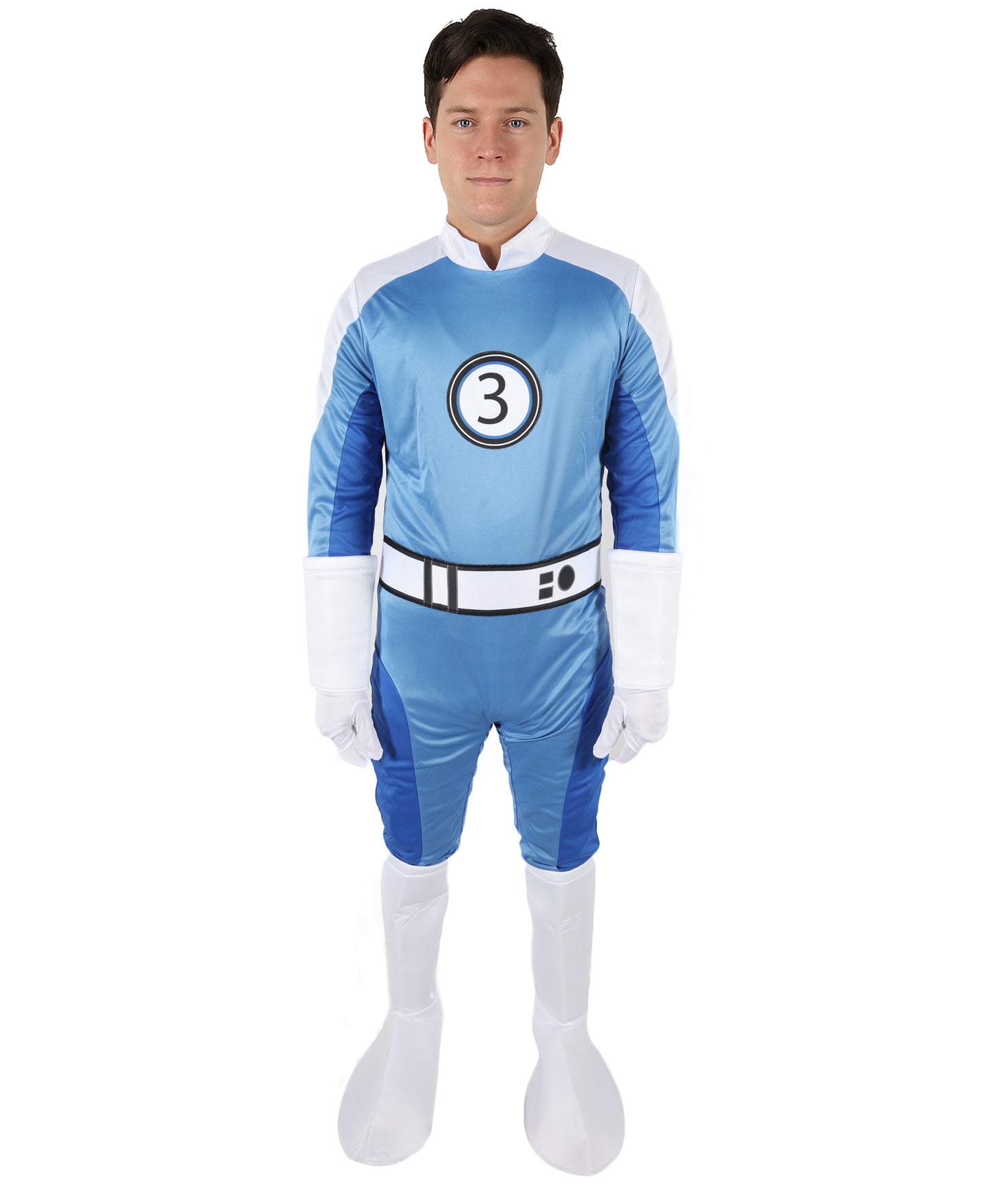 HPO Men’s Ultimate Sci-Fi Team Blue and White Costume | 3-in-1 Jersey Dress with Hand Gloves | 66.5" Length Futuristic Cosplay Outfit