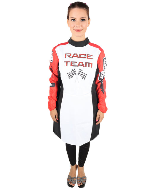 HPO Women’s Racing-Themed Costume | Black, White & Red Jumpsuit with Gloves | RONIOR Fabric 3-in-1 Outfit for Performance & Cosplay