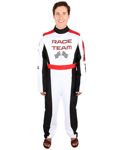 HPO Men’s Racing-Themed Costume | Black, White & Red Jumpsuit with Gloves | RONIOR Fabric 3-in-1 Outfit for Performance & Cosplay