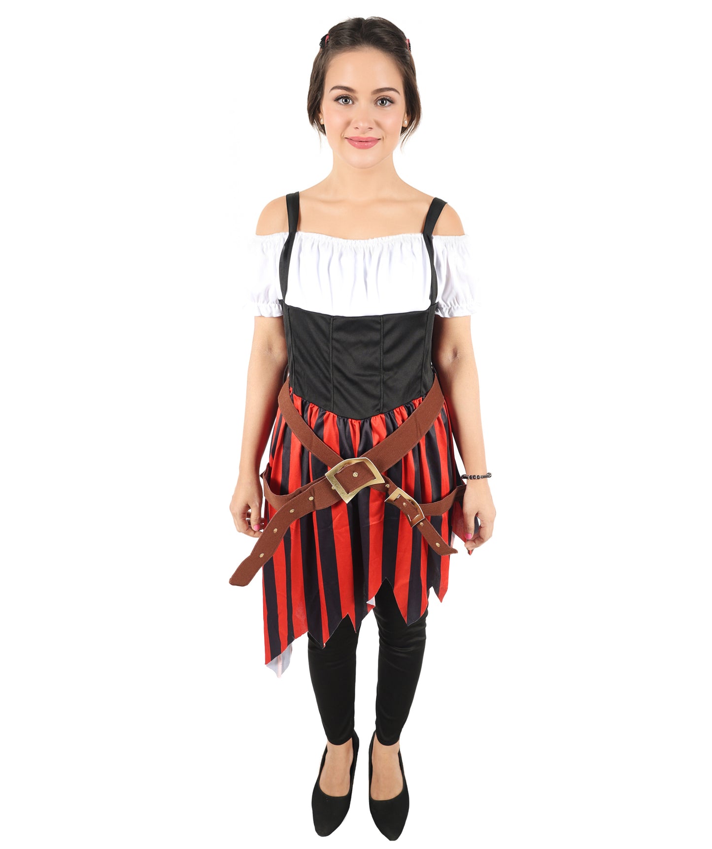 HPO Women Red and Black Costume High Seas Buccaneer Style Pirate Dress | Women’s Medieval Pirate Outfit with Lace-Up Bodice and Flowing Skirt