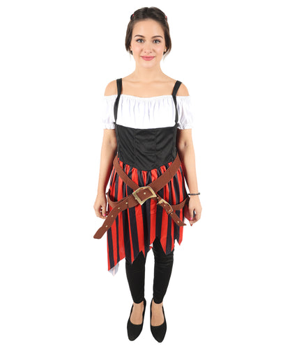 HPO Women Red and Black Costume High Seas Buccaneer Style Pirate Dress | Women’s Medieval Pirate Outfit with Lace-Up Bodice and Flowing Skirt