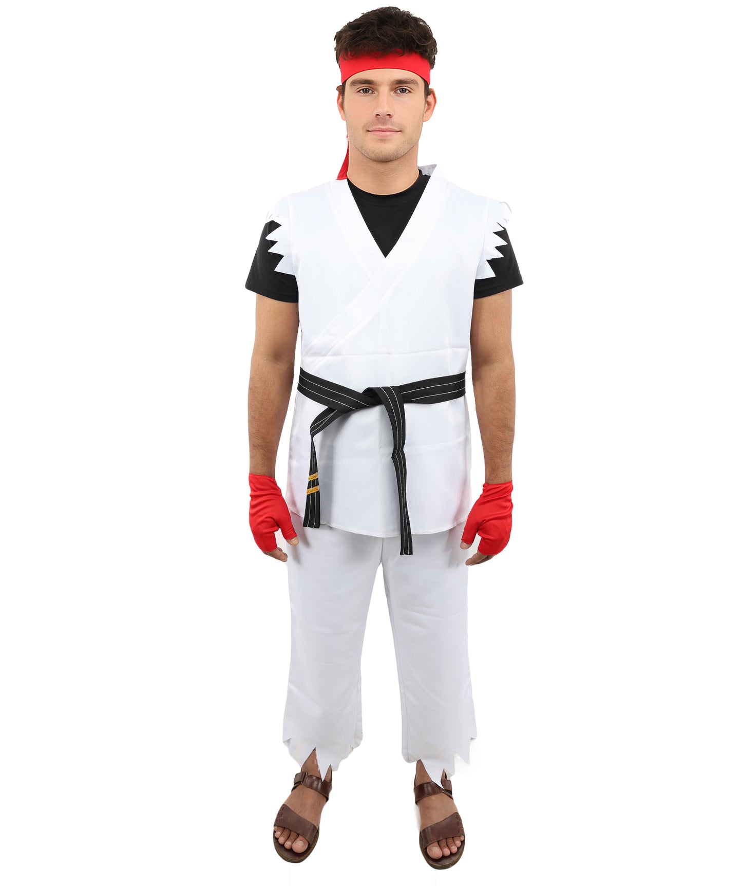 HPO Men's Martial Arts Fighter Outfit | White GI Costume with Body, Pant, Belt, Gloves, Headband | Video Game Fighter costume For Cosplay & Themed Battle Events