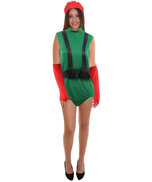 HPO Adult Elite Female Fighter Outfit | Green Bodysuit with Red Beret, Gloves & Black Belt Holster | Cosplay, Halloween & Role Play