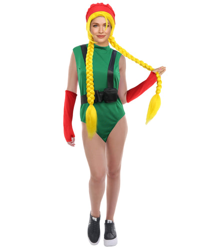 HPO Adult Elite Female Fighter Outfit | Green Bodysuit with Red Beret, Gloves & Black Belt Holster | Cosplay, Halloween & Role Play