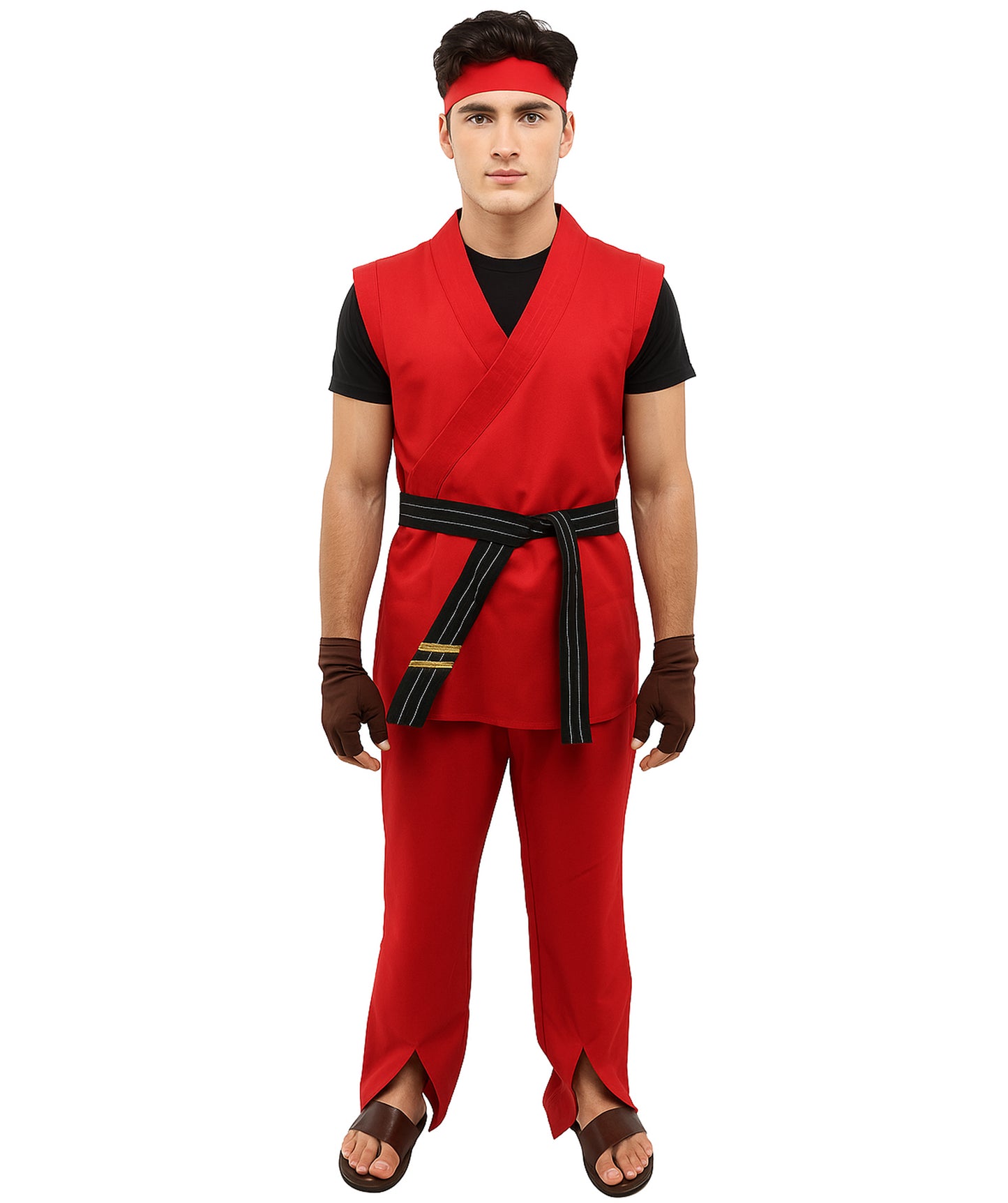 HPO Men Martial Arts Fighter Outfit | Red Gi Costume with Belt, Headband & Gloves, Body | Video Game Fighter costume For Cosplay & Themed Battle Events