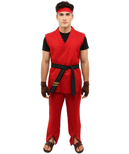 HPO Men Martial Arts Fighter Outfit | Red Gi Costume with Belt, Headband & Gloves, Body | Video Game Fighter costume For Cosplay & Themed Battle Events