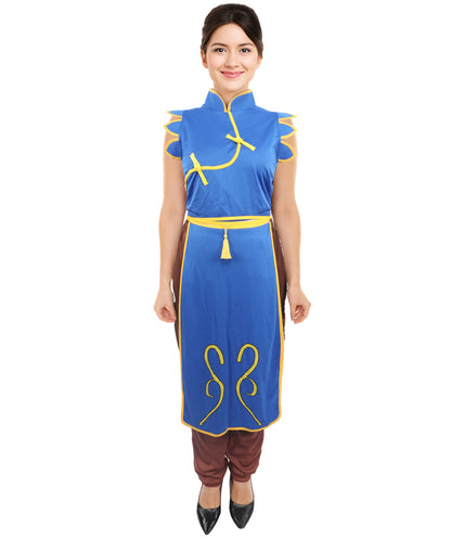 HPO Women’s Fighter Cosplay Blue and Brown Costume | Video Game Inspired Sleeveless Outfit with Top and Pant Structured Silhouette | Battle Outfit for Conventions, Parties & Roleplay