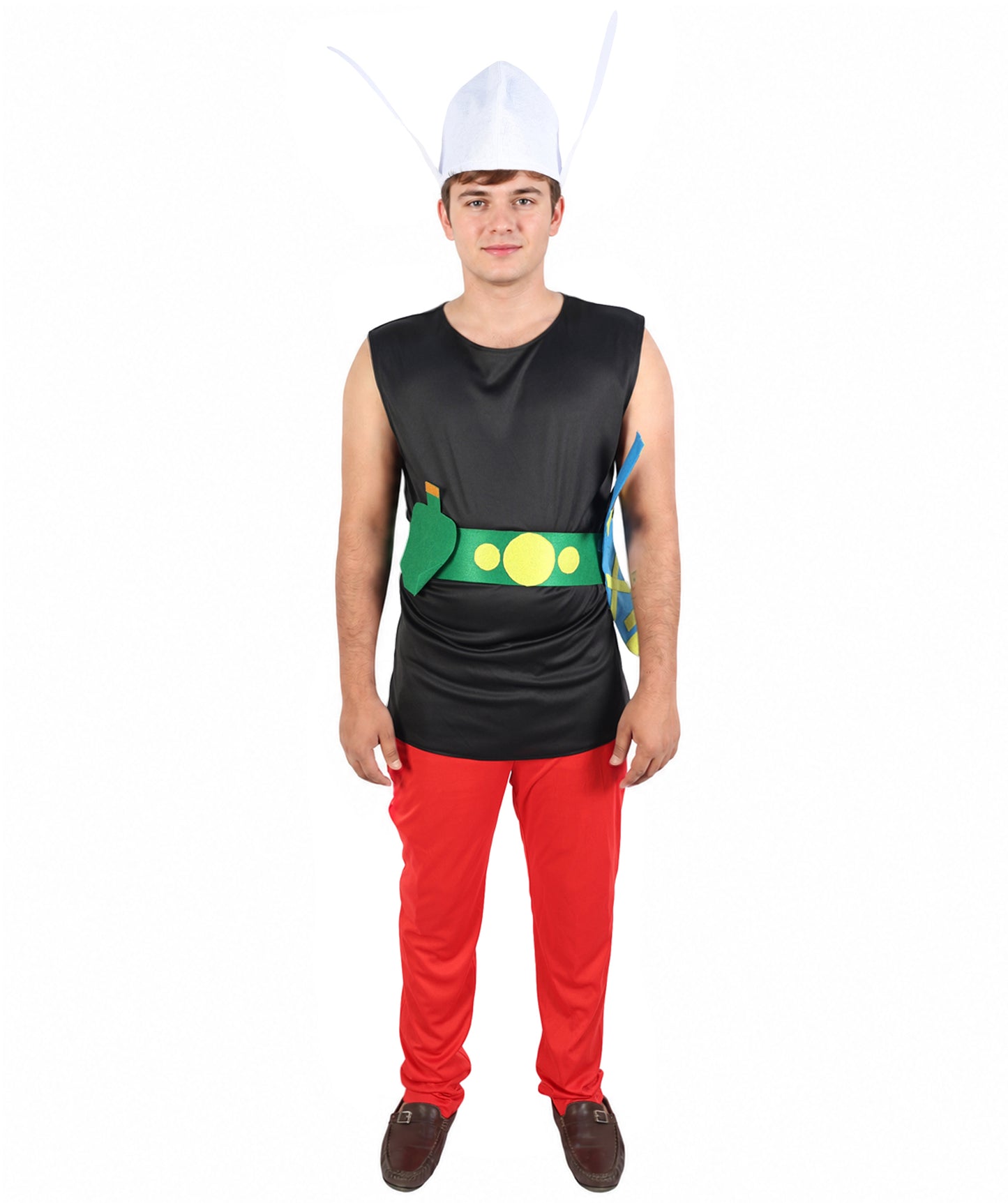 HPO Men's Gaulish Warrior Multicolor Costume | Sleeveless Black Vest Top Bright Red Trousers Winged Helmet Novelty | Halloween Cosplay Theater Drag Performance Costume Events