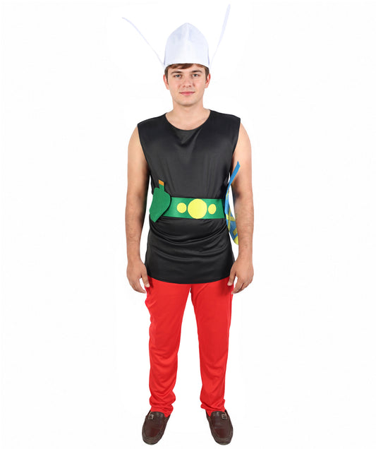 HPO Men's Gaulish Warrior Multicolor Costume | Sleeveless Black Vest Top Bright Red Trousers Winged Helmet Novelty | Halloween Cosplay Theater Drag Performance Costume Events