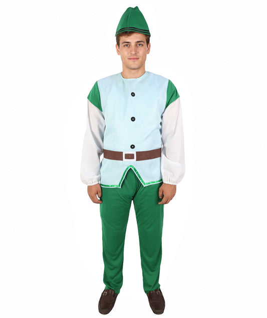HPO  Men's Fairytale Dwarf Costume | Woodland Gnome Light Blue Vest Top Green Pants Set Pointed Hat Fake Beard | Halloween Cosplay Theater Drag Performance Costume Events