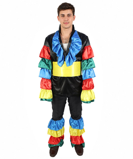 Adult Men's Samba Dancer Costume | Deluxe Black Satin Jumpsuit Multi-Color Ruffled Sleeves and Flared Ankles | Latin Fiesta Carnival Stage Performance Wardrobe Piece