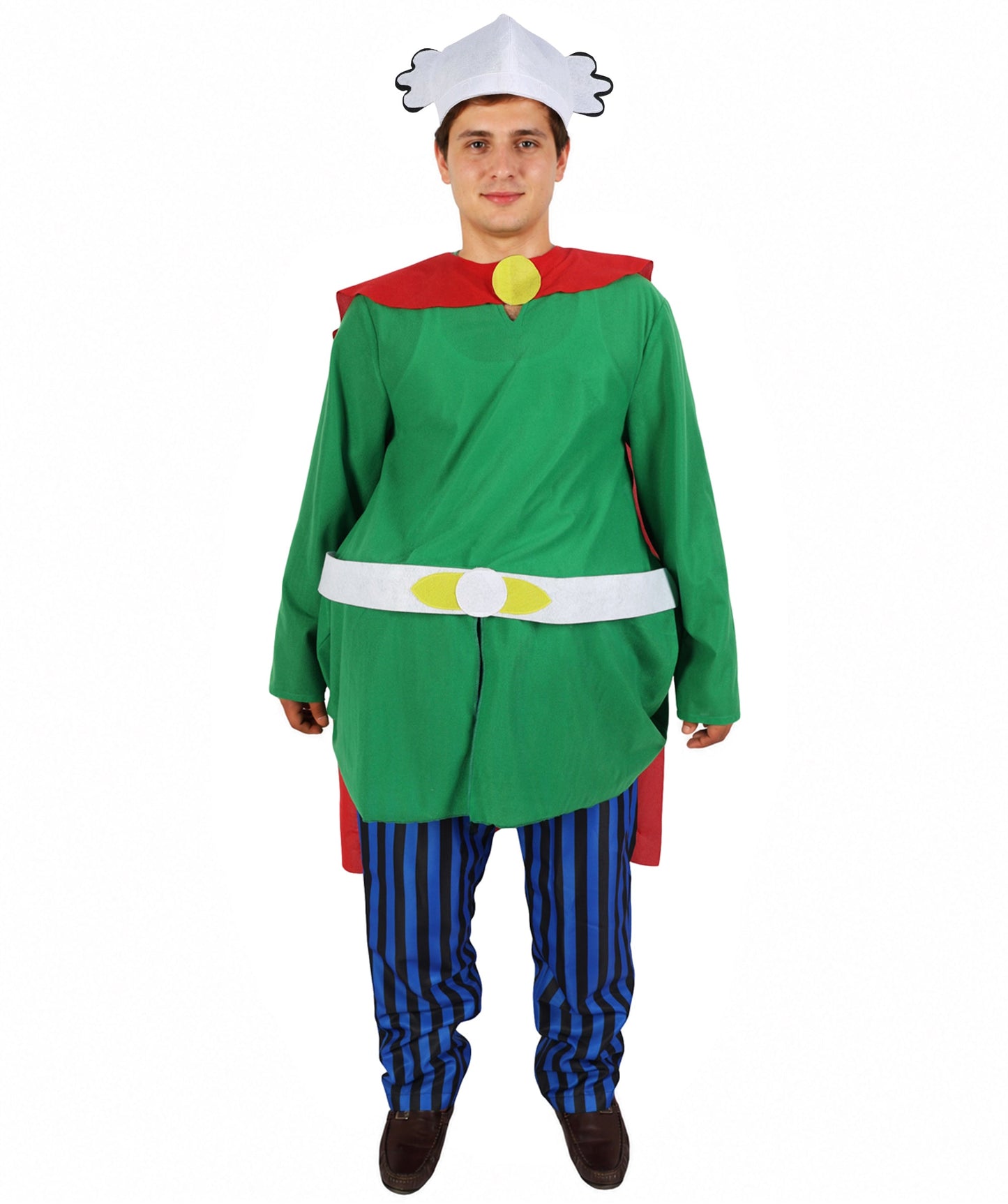 Adult Men's Gaulish Warrior Sidekick Costume | Ancient Hero Green Tunic Blue Striped Pants Red Cape | Comic Book Halloween Stage Performance Wardrobe Piece