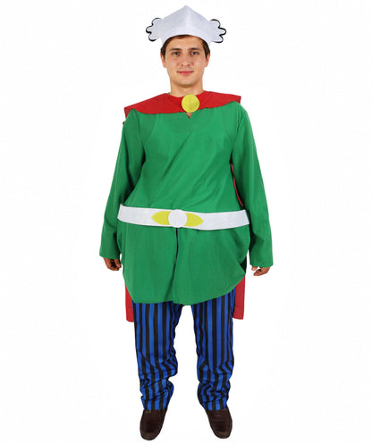 Adult Men's Gaulish Warrior Sidekick Costume | Ancient Hero Green Tunic Blue Striped Pants Red Cape | Comic Book Halloween Stage Performance Wardrobe Piece