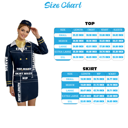 Women’s Air Hostess Costume – Elegant Navy Blue Uniform Dress with Hat,Skirt, Jacket, Neck Collar | Flight Attendant Outfit for Halloween, Roleplay & Themed Events