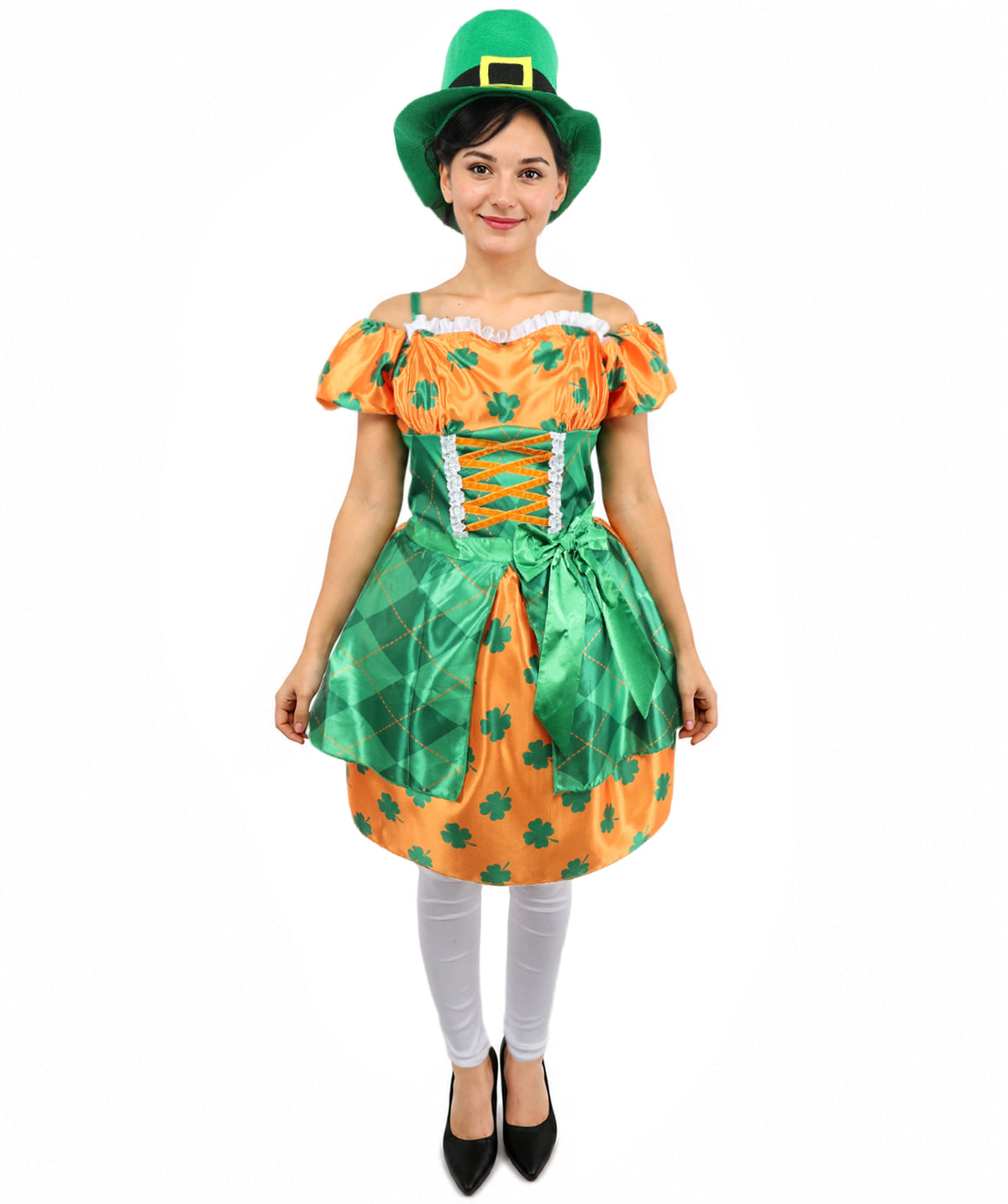 HPO Women Orange & Green Party Dress Costume with Hat | Colorful Event Outfit with Ruffle Skirt | Designed for Cosplay & Parties