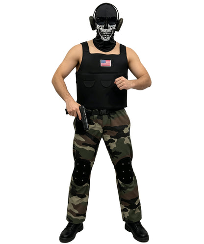 HPO Men's Skeleton Soldier Costume | Tactical Chambray Jersey Vest Trousers Holster Skull Mask Glasses Ear Muffs | Halloween Cosplay Theater Drag Performance Costume Events