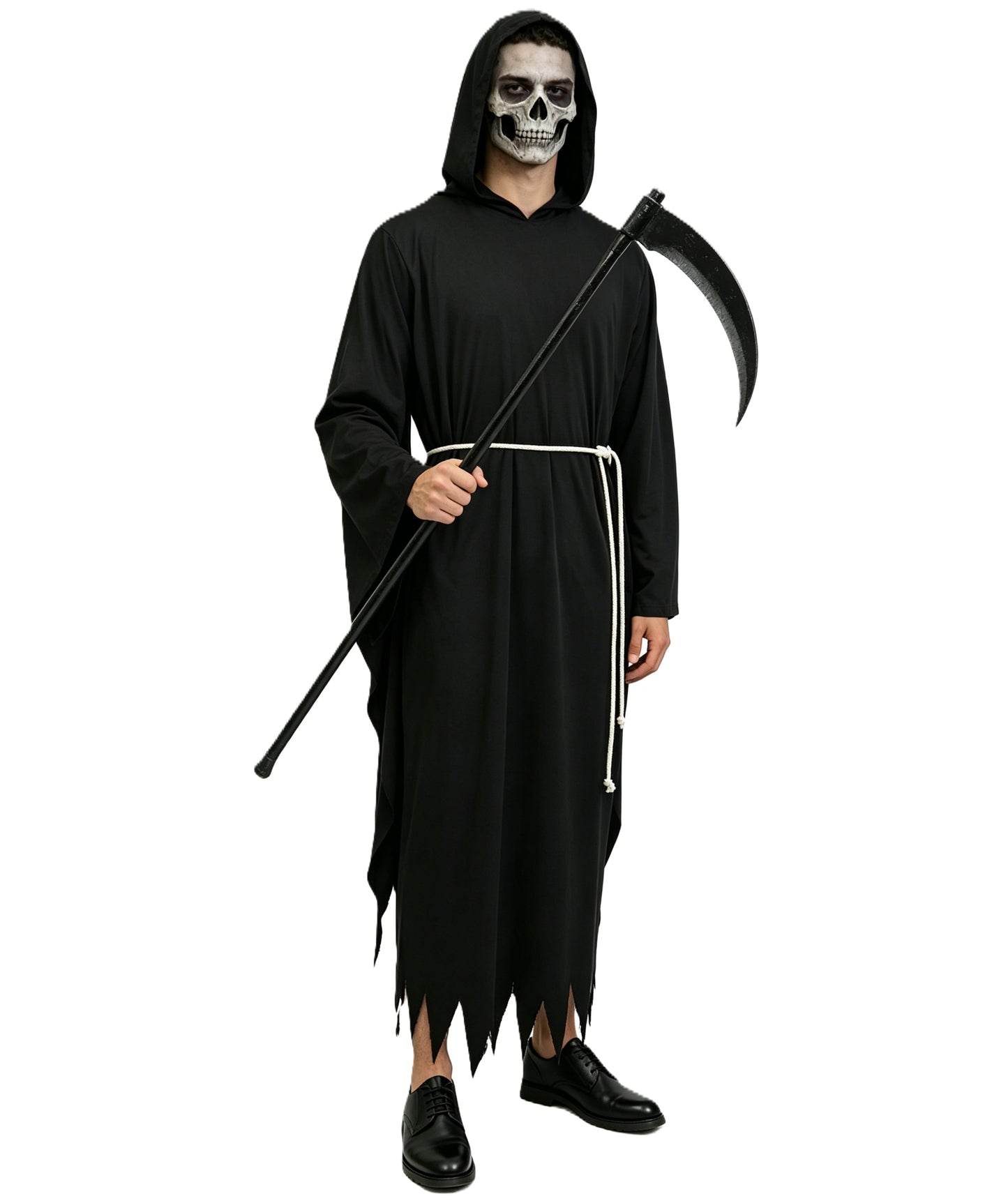 HPO Men's Grim Reaper Costume | Black Jersey Hooded Robe With Rope Belt Tie Construction | Halloween Cosplay Theater Drag Performance Costume Events