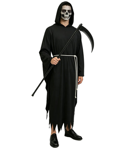 HPO Men's Grim Reaper Costume | Black Jersey Hooded Robe With Rope Belt Tie Construction | Halloween Cosplay Theater Drag Performance Costume Events