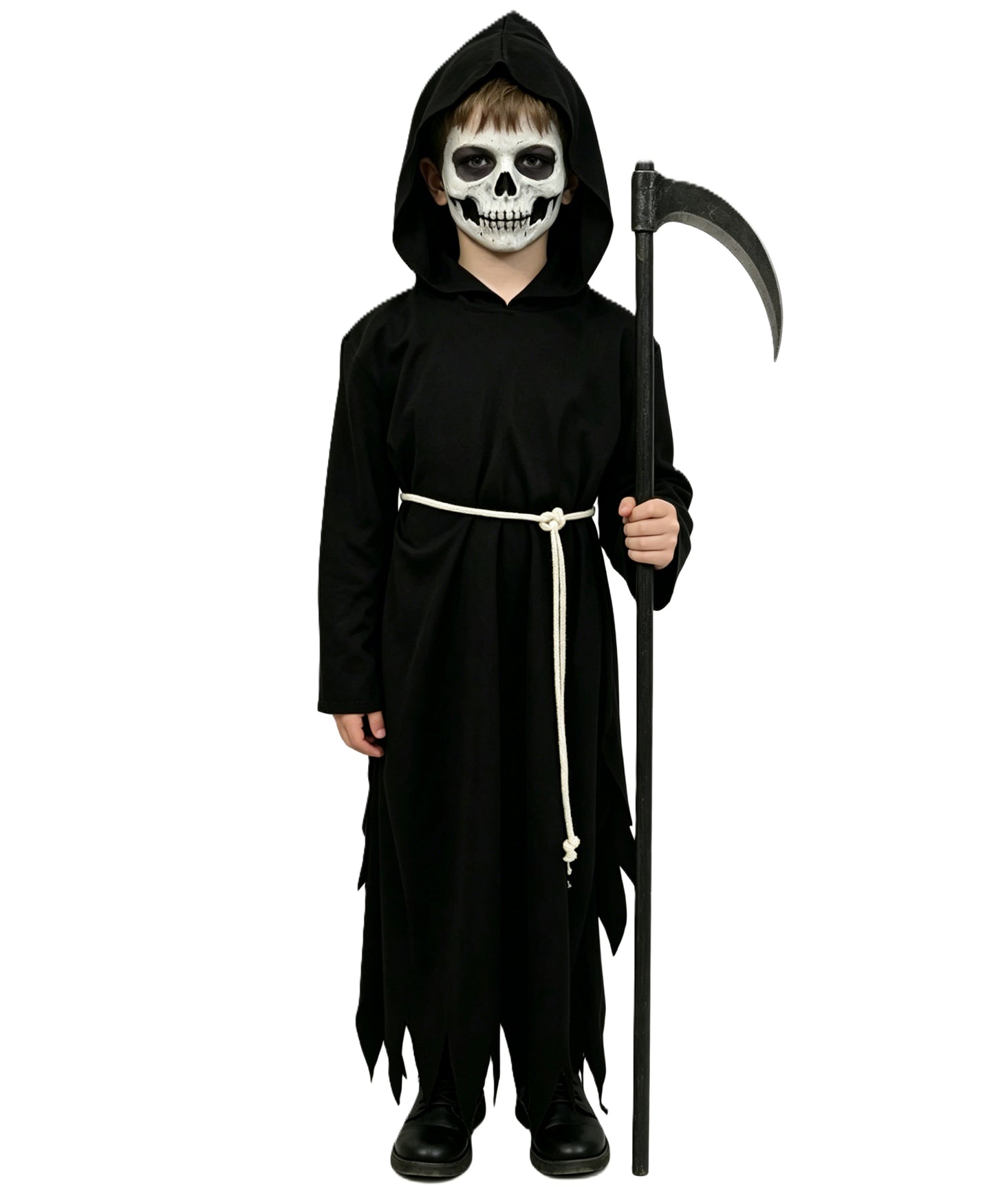 HPO Teen Grim Reaper Costume | Black Jersey Hooded Robe With Rope Belt Tie Construction | Halloween Cosplay Theater Drag Performance Costume Events