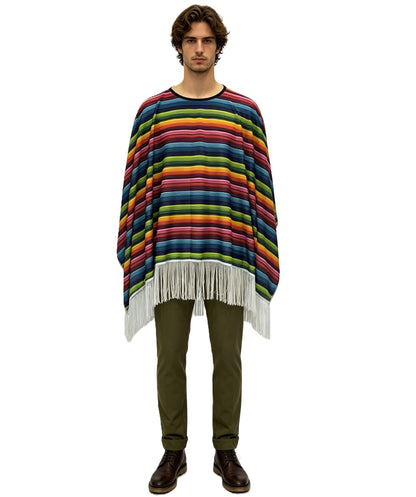 HPO Men's Traditional Serape Outfit | Multicolored Striped Jersey Cape Tassel Fringe Hemline Loose Pullover Layer | Halloween Cosplay Theater Drag Performance Costume Events
