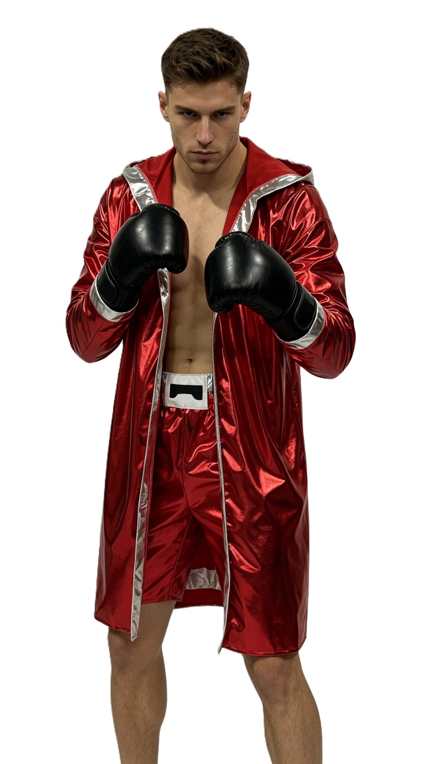 HPO Men's Athletic Boxer Costume | Shimmering Hooded Robe Coat Drawstring Shorts Padded Punching Gloves | Halloween Cosplay Theater Drag Performance Costume Events