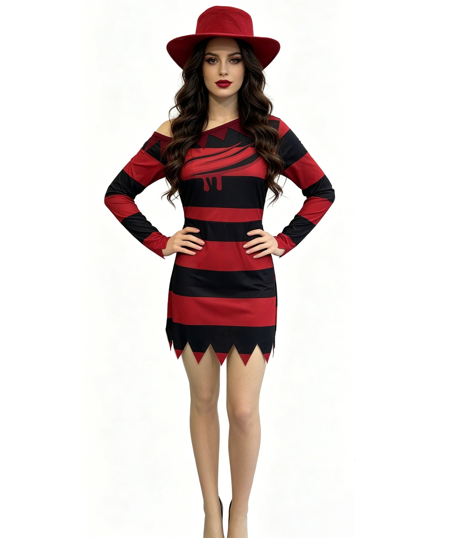 HPO Women's Striped Nightmare Costume | Two Tone Horizontal Patterned Tricot Jersey Dress With Classic Fedora Hat Accent | Halloween Cosplay Theater Drag Performance Costume Events