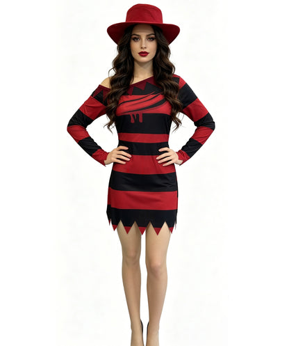 HPO Women's Striped Nightmare Costume | Two Tone Horizontal Patterned Tricot Jersey Dress With Classic Fedora Hat Accent | Halloween Cosplay Theater Drag Performance Costume Events
