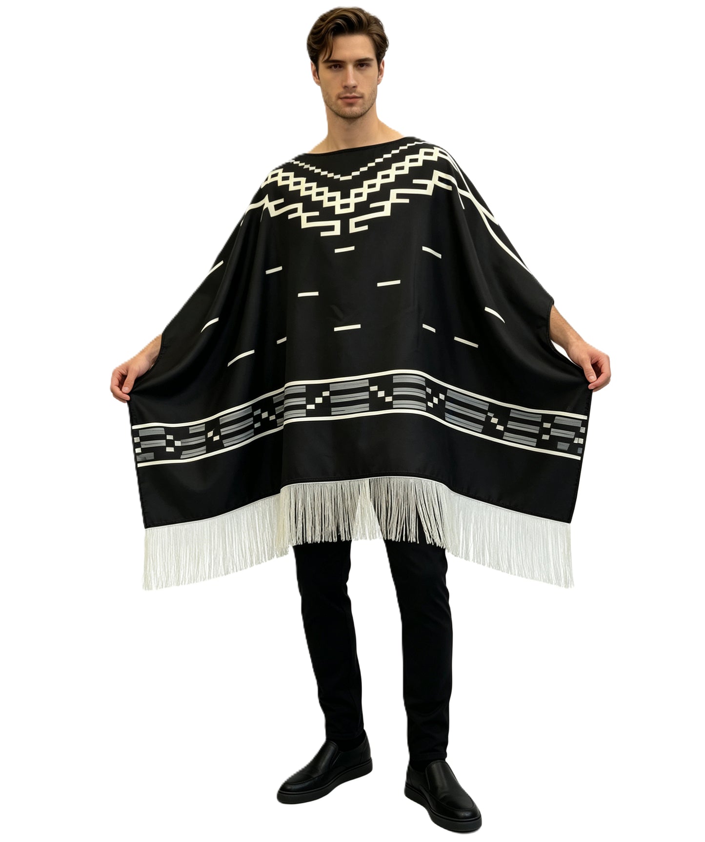HPO Men’s Western Gunman Costume | Black Poncho with Black & White Detailing | Cosplay, Halloween, Stage, Party & Roleplay Outfit