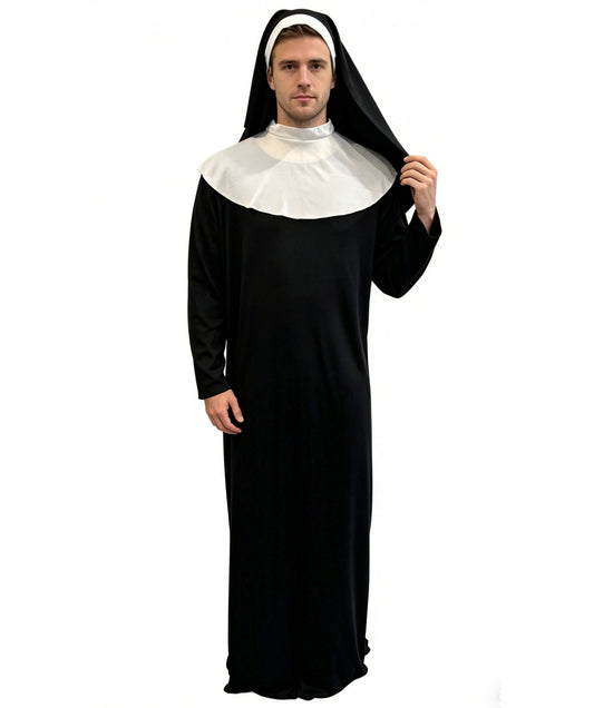 HPO Men’s Funny Nun Costume | Black & White Full-Length Habit | Cosplay, Halloween, Stage, Party & Roleplay Outfit