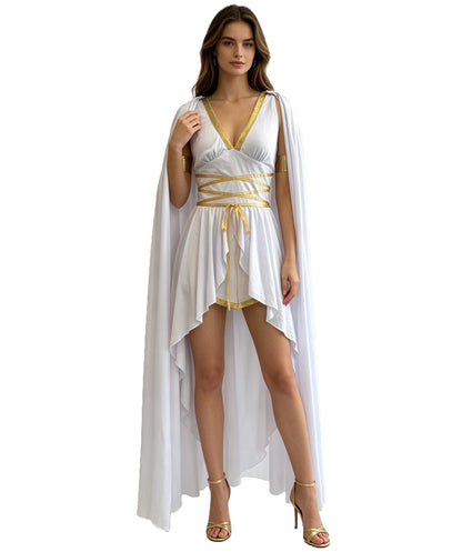 HPO Women's Ancient Goddess Costume | Multicolor Light Jersey V Neck High Low Trimmed Gown Flowing Shoulder Cape Construction | Halloween Cosplay Theater Drag Performance Costume Events
