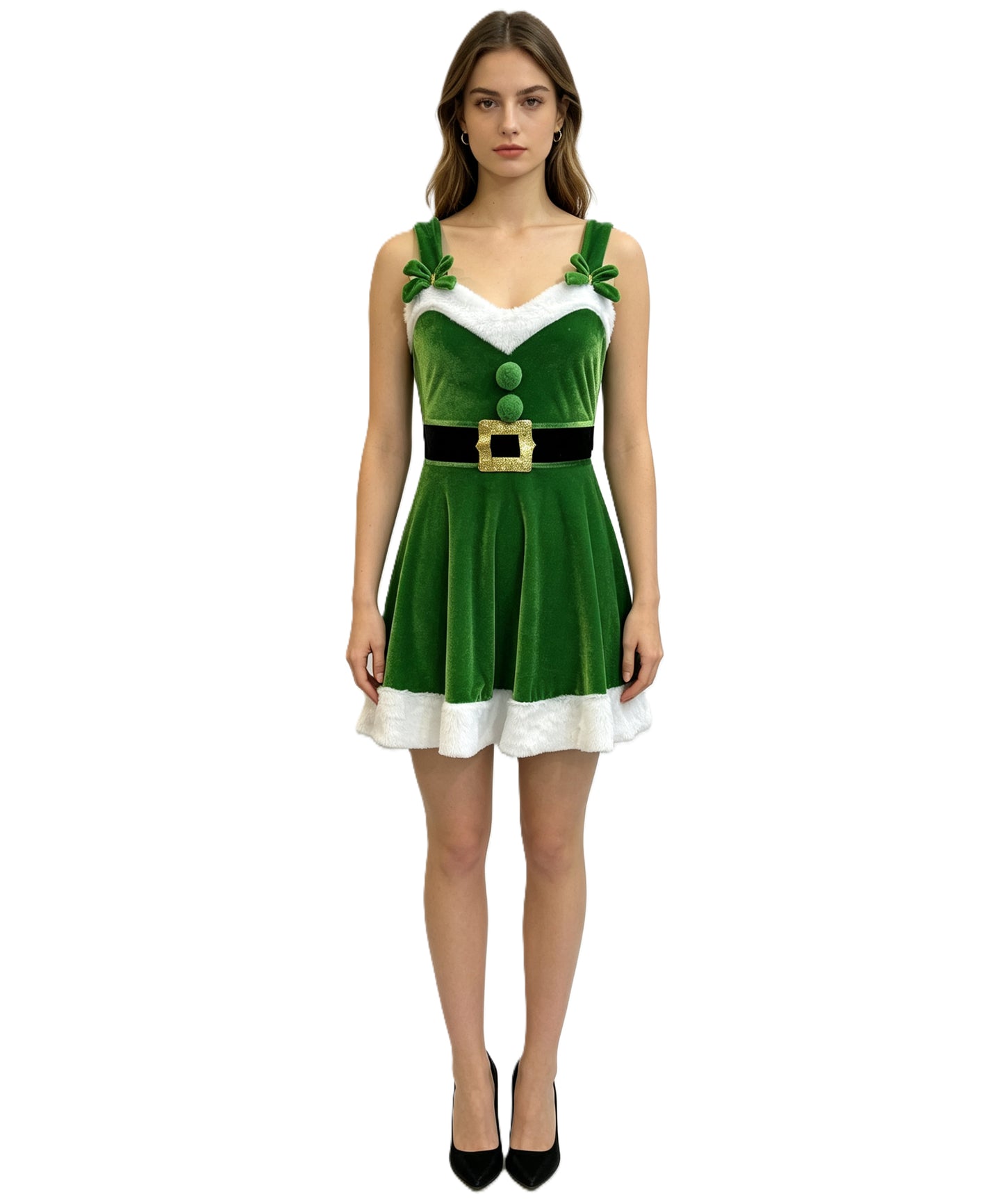 HPO Women's Holiday Elf Costume | Soft Faux Fur Texture Contrast Trim Flared Skirt Wide Waist Belt Accent | Halloween Cosplay Theater Drag Performance Costume Events