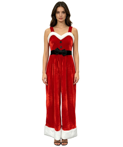 HPO Adult Women's Scarlet Holiday Jumpsuit | Soft Faux Fur Trim Sweetheart Neckline Wide Leg One Piece Cinch Belt Accent | Halloween Cosplay Theater Drag Performance Costume Events