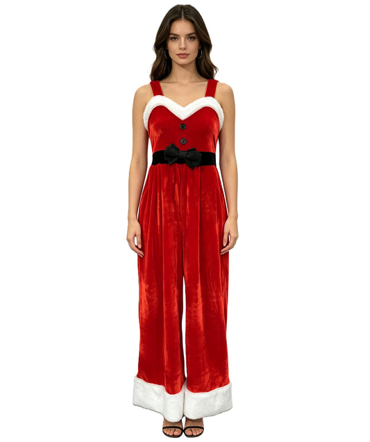 HPO Adult Women's Scarlet Holiday Jumpsuit | Soft Faux Fur Trim Sweetheart Neckline Wide Leg One Piece Cinch Belt Accent | Halloween Cosplay Theater Drag Performance Costume Events