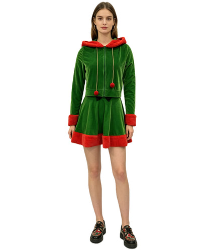 HPO Women's Woodland Sprite Costume | Soft Long Sleeve Hooded Tunic Flared Skirt Tiered Fleece Trimmings Integrated Waist Band | Halloween Cosplay Theater Drag Performance Costume Events