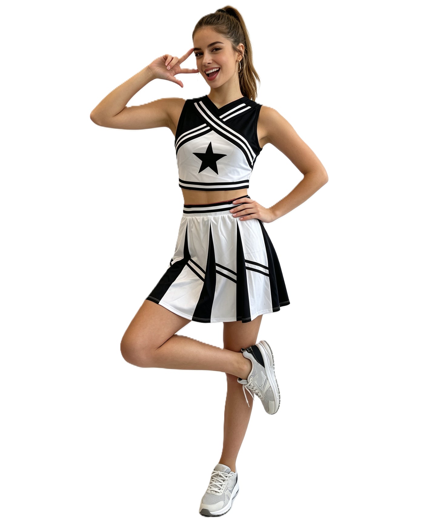 HPO Women's Varsity Cheerleader Costume | Black and White Star Accent Crop Top Pleated Uniform Skirt | Halloween Cosplay Theater Drag Performance Costume Events
