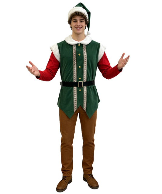 HPO Men's Holiday Elf Costume | Two Tone Festive Top Pointed Hat Matching Waist Belt Accessory | Halloween Cosplay Theater Drag Performance Costume Events