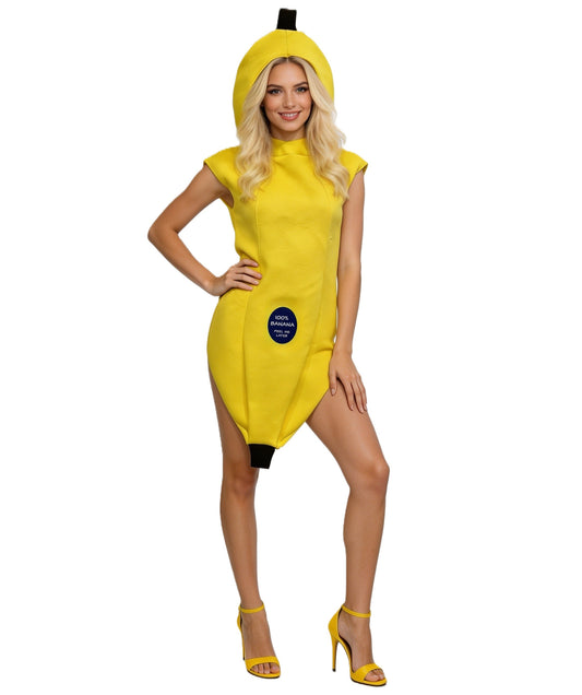 HPO Women's High Quality Banana Costume | Fruit Theme Short Sleeve Bodysuit Hooded Jumpsuit | Halloween Cosplay Theater Drag Performance Costume Events