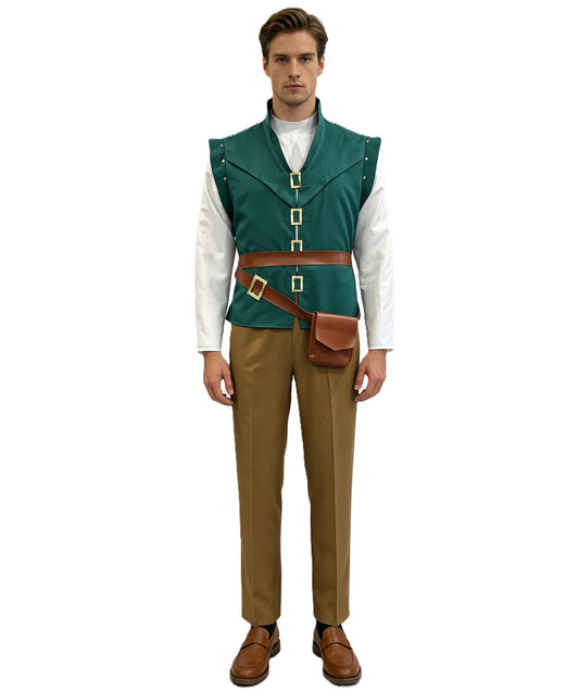 HPO Men's Prince of Lettuce Costume | Fairytale Woodsman Forest Green Vest Top Khaki Trousers Matching Waist Bag | Halloween Cosplay Theater Drag Performance Costume Events