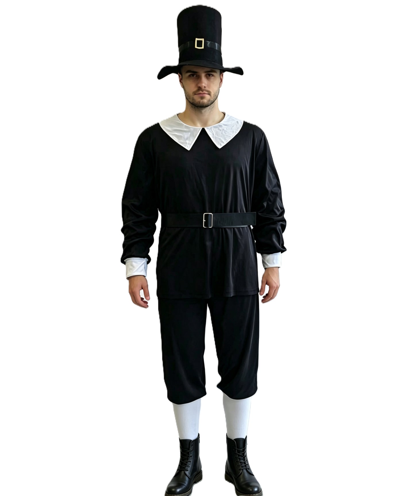 Men’s Thanksgiving Pilgrim Costume Set | Top Pants Socks Hat Belt | Black and White Size Options