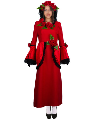 Women's Halloween Fancy Animated Horror Senor Bride Costume, Red & Black Color with Green Leaves