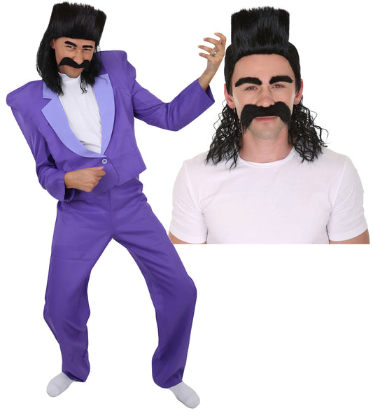 Animated Movie Supervillain Fancy Bundle| Purple Costume and Black Wig With Eyebrows & Mustache| Flame-retardant Synthetic Material