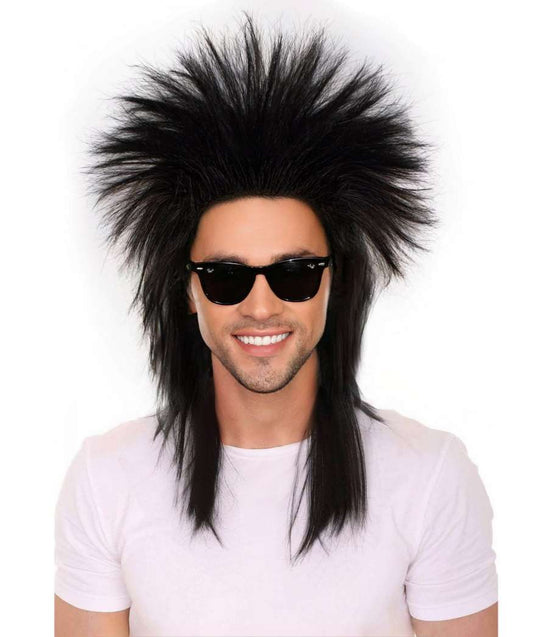 Men 80's Rock and Roll Black Full Rave Wig Hair Halloween Fancy Party | Premium Breathable Capless Cap