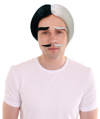 Men's Gothic Family Father Wig with Mustache and Eyebrows| Black TV/Movie Fancy Bundle| Premium Breathable Capless Cap