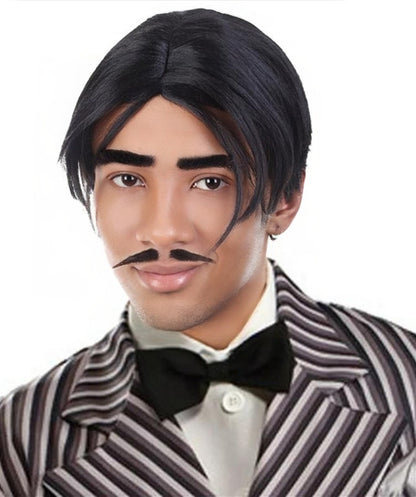 Men's Gothic Family Father Wig with Mustache and Eyebrows| Black TV/Movie Fancy Bundle| Premium Breathable Capless Cap
