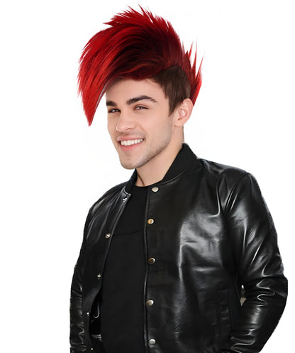 Men’s Red & Black Mohawk Wig – Spiked Short Costume Wig for Adults – Punk Rock Halloween Fancy Dress Hairpiece